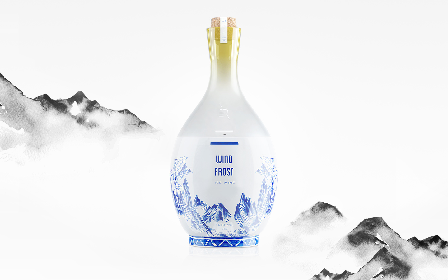 A white sculptural vessel standing among ink-painted mountains