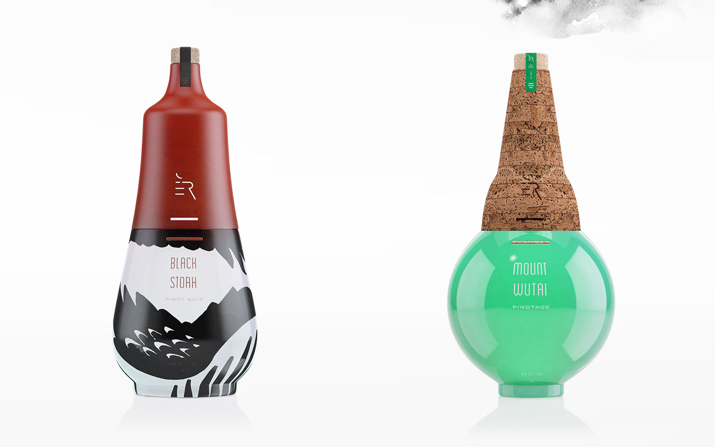 Two vessels, one scarlet and black, one jade green, against an ink-wash backdrop