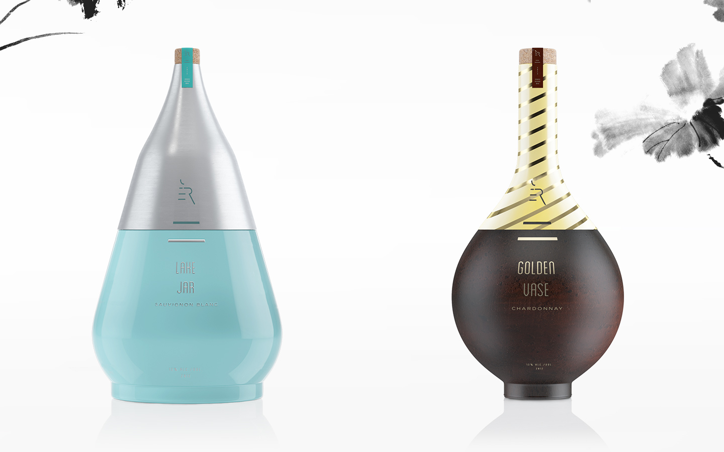 Two sculptural vessels, one pale turquoise and one deep brown, against an ink painting